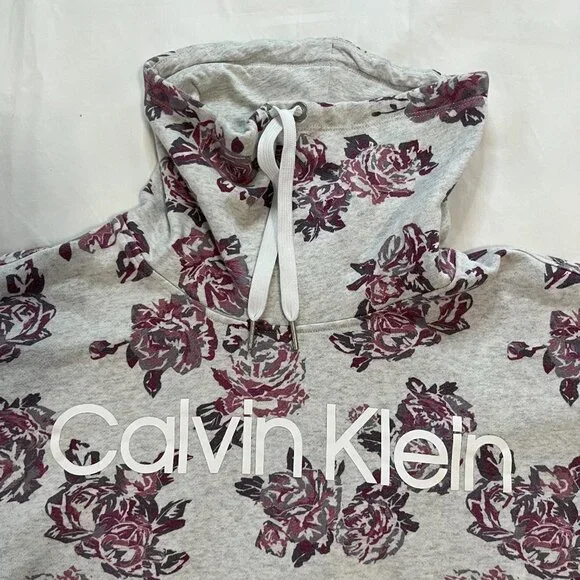 Calvin Klein Light Gray Purple Floral Print Cowelneck Cropped Sweater | Size S - Picture 3 of 5